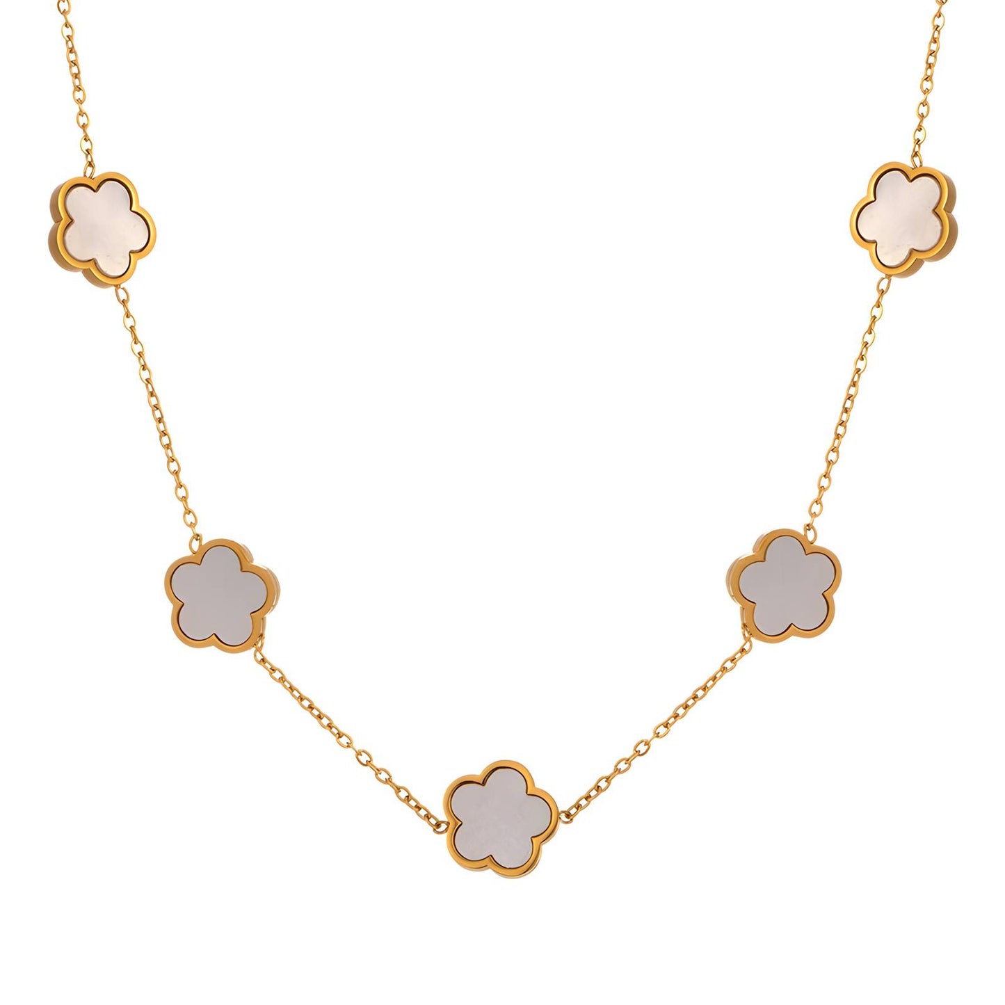 White "Flowers" Necklace – 18K Gold-Plated Stainless Steel, Hypoallergenic, Waterproof, Tarnish-Free, 41+5 cm Adjustable, Lobster Claw Closure