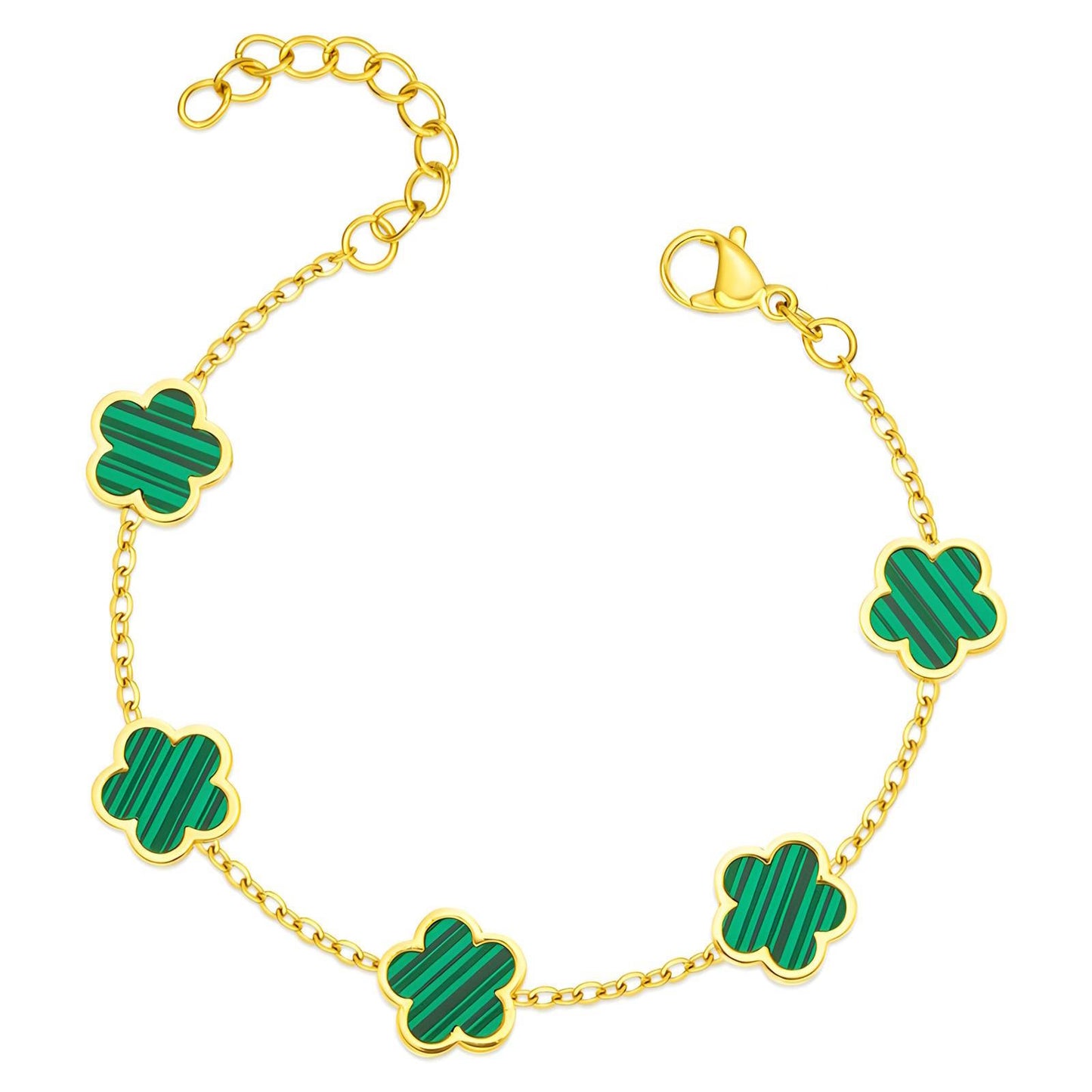 Green "Flowers" Bracelet – 18K Gold-Plated Stainless Steel, Hypoallergenic, Waterproof, Tarnish-Free, 16.5+5 cm Adjustable