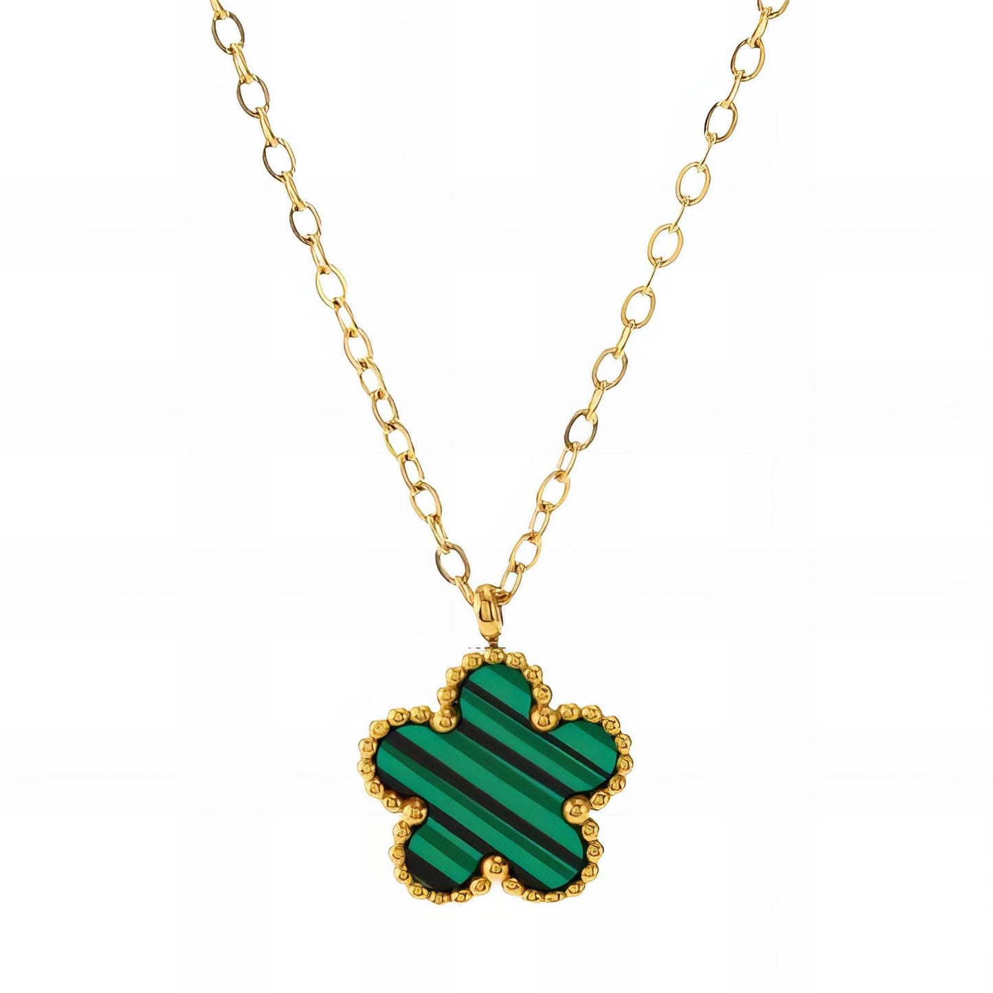 Green "Flowers" Necklace – 18K Gold-Plated Stainless Steel, Hypoallergenic, Waterproof, Tarnish-Free, 41+5 cm Adjustable, Lobster Claw Closure