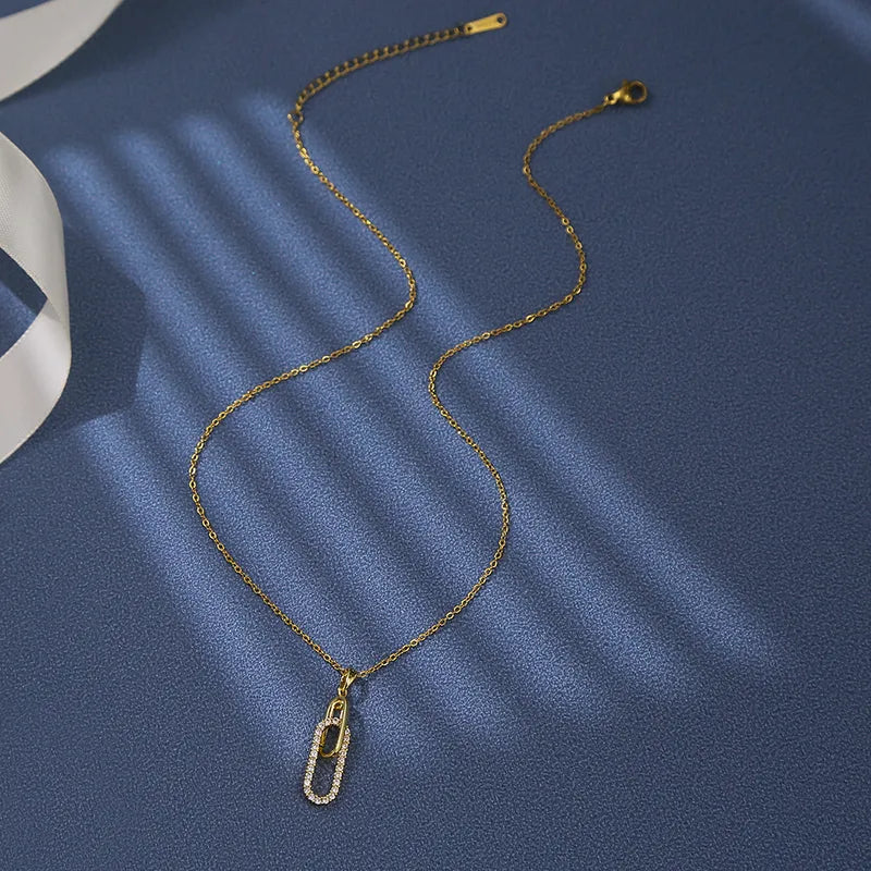 Titanium Steel 18K Gold Plated IG Style Elegant Simple Style Inlay Paper Clip Oval Zircon Pendant Necklace