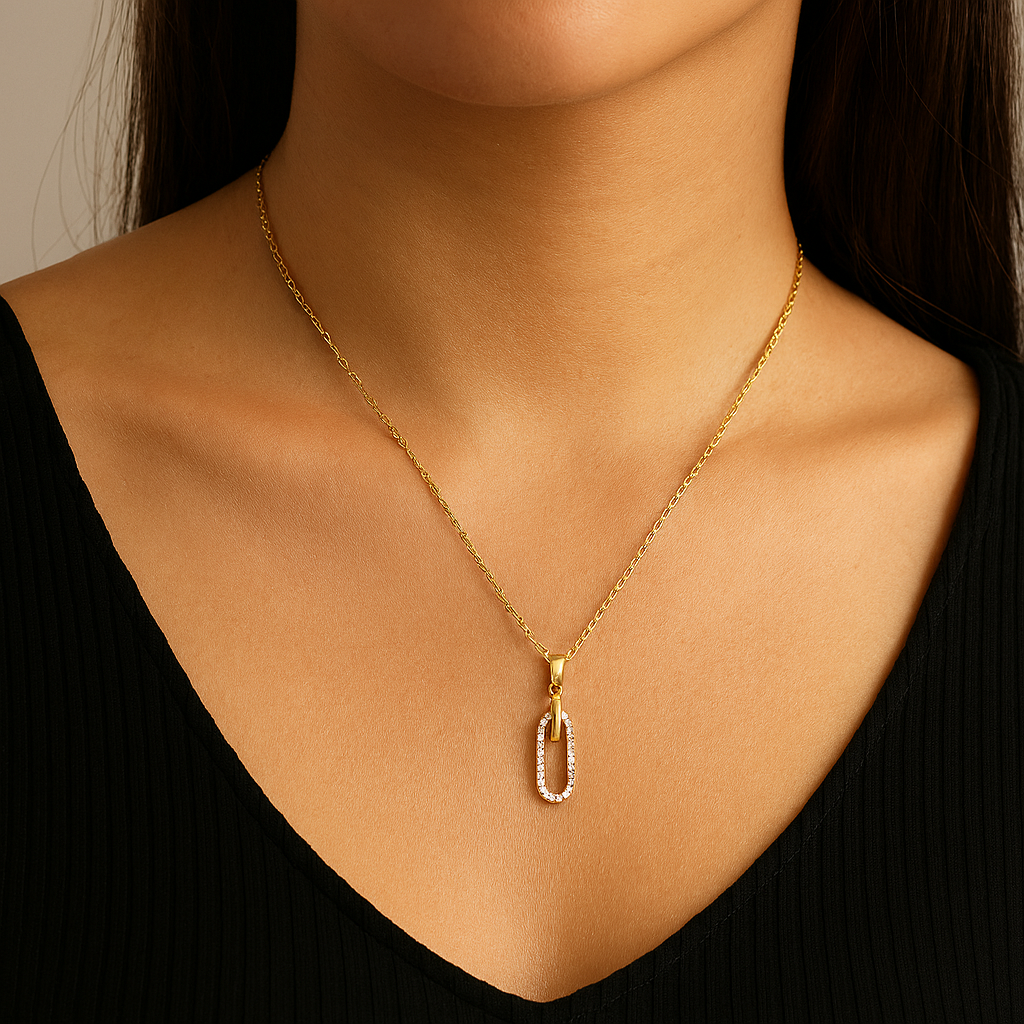 Titanium Steel 18K Gold Plated IG Style Elegant Simple Style Inlay Paper Clip Oval Zircon Pendant Necklace