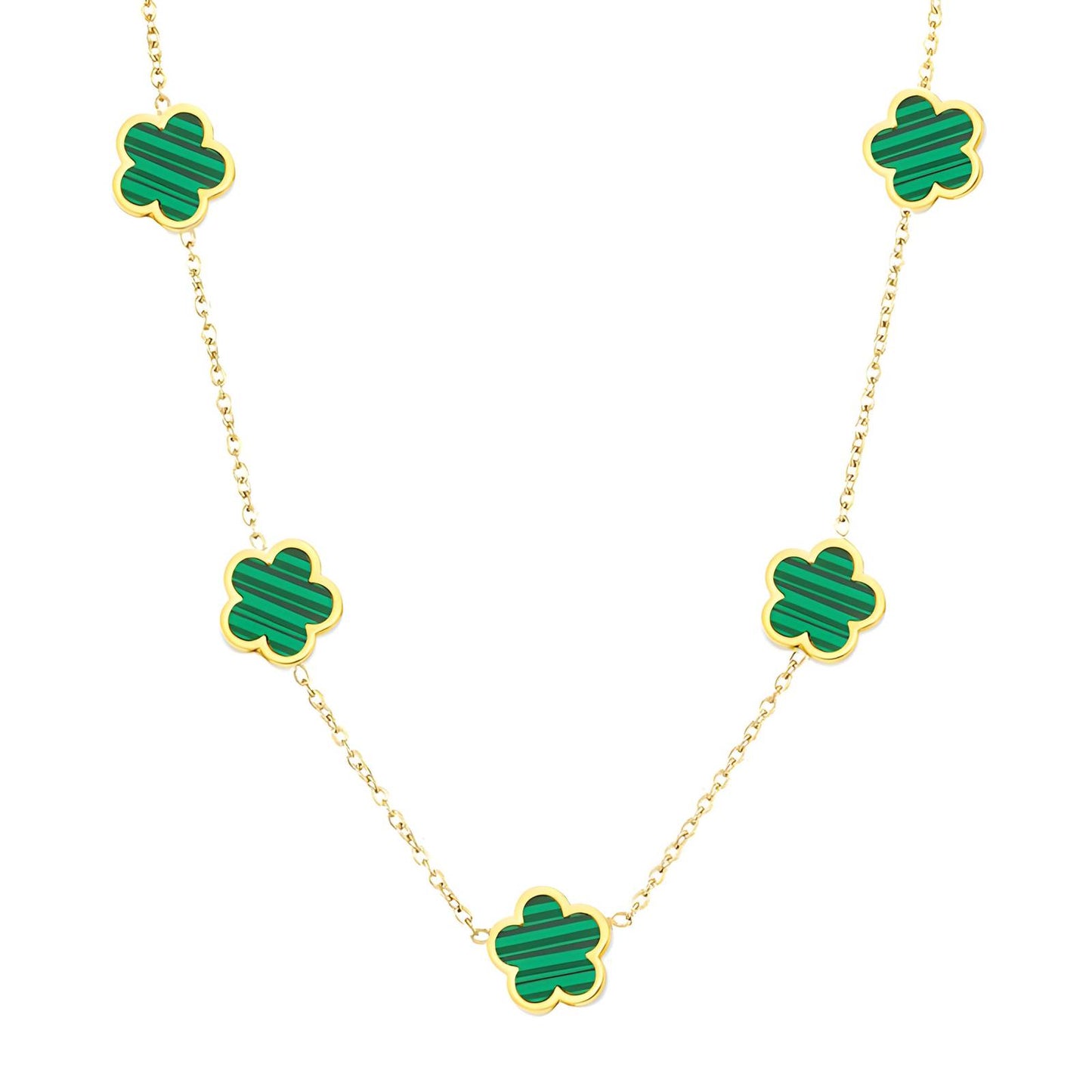 Green "Flowers" Necklace – 18K Gold-Plated Stainless Steel, Hypoallergenic, Waterproof, Tarnish-Free, 41+5 cm Adjustable, Lobster Claw Closure