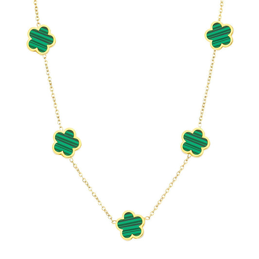 Green "Flowers" Necklace – 18K Gold-Plated Stainless Steel, Hypoallergenic, Waterproof, Tarnish-Free, 41+5 cm Adjustable, Lobster Claw Closure