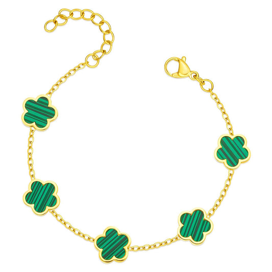 Green "Flowers" Bracelet – 18K Gold-Plated Stainless Steel, Hypoallergenic, Waterproof, Tarnish-Free, 16.5+5 cm Adjustable