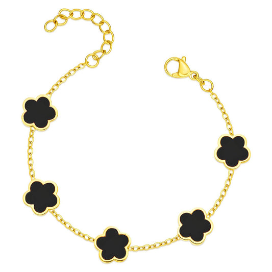 Black "Flowers" Bracelet – 18K Gold-Plated Stainless Steel, Hypoallergenic, Waterproof, Tarnish-Free, 16.5+5 cm Adjustable