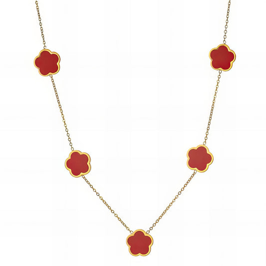 Red "Flowers" Necklace – 18K Gold-Plated Stainless Steel, Hypoallergenic, Waterproof, Tarnish-Free, 41+5 cm Adjustable, Lobster Claw Closure