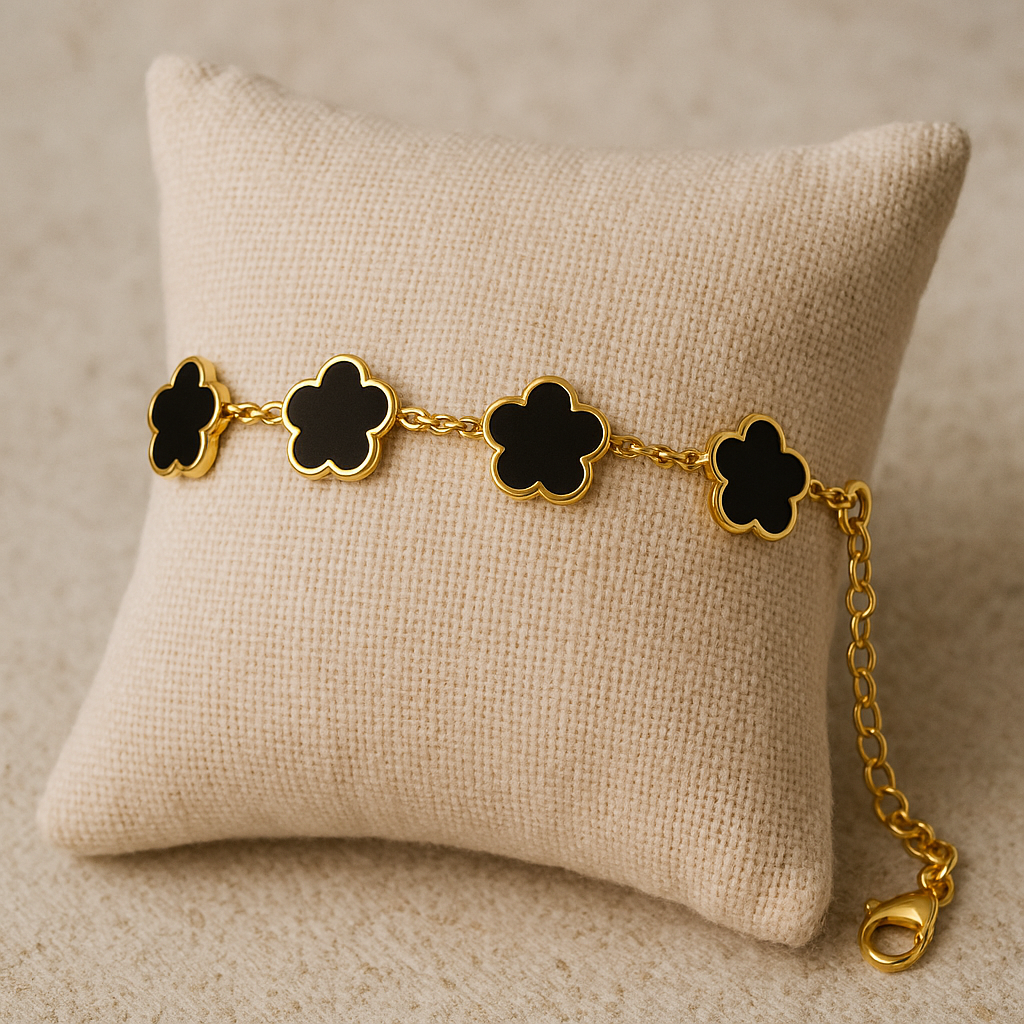 Black "Flowers" Bracelet – 18K Gold-Plated Stainless Steel, Hypoallergenic, Waterproof, Tarnish-Free, 16.5+5 cm Adjustable