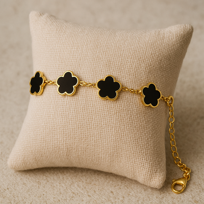 Black "Flowers" Bracelet – 18K Gold-Plated Stainless Steel, Hypoallergenic, Waterproof, Tarnish-Free, 16.5+5 cm Adjustable