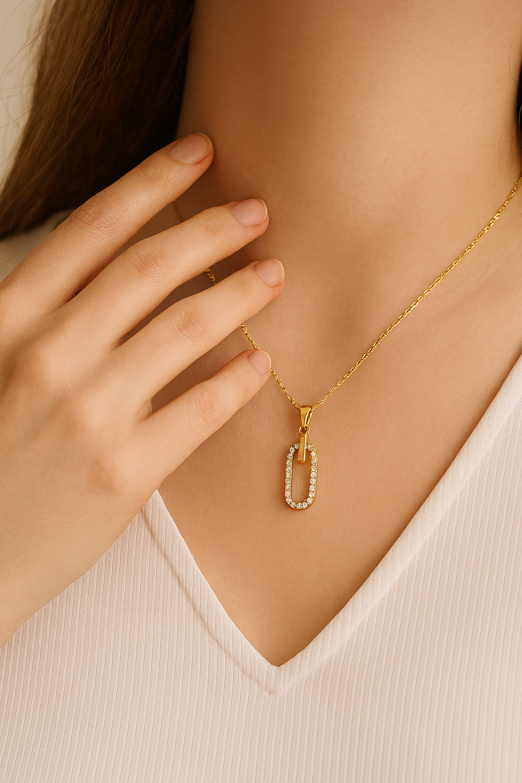 Titanium Steel 18K Gold Plated IG Style Elegant Simple Style Inlay Paper Clip Oval Zircon Pendant Necklace