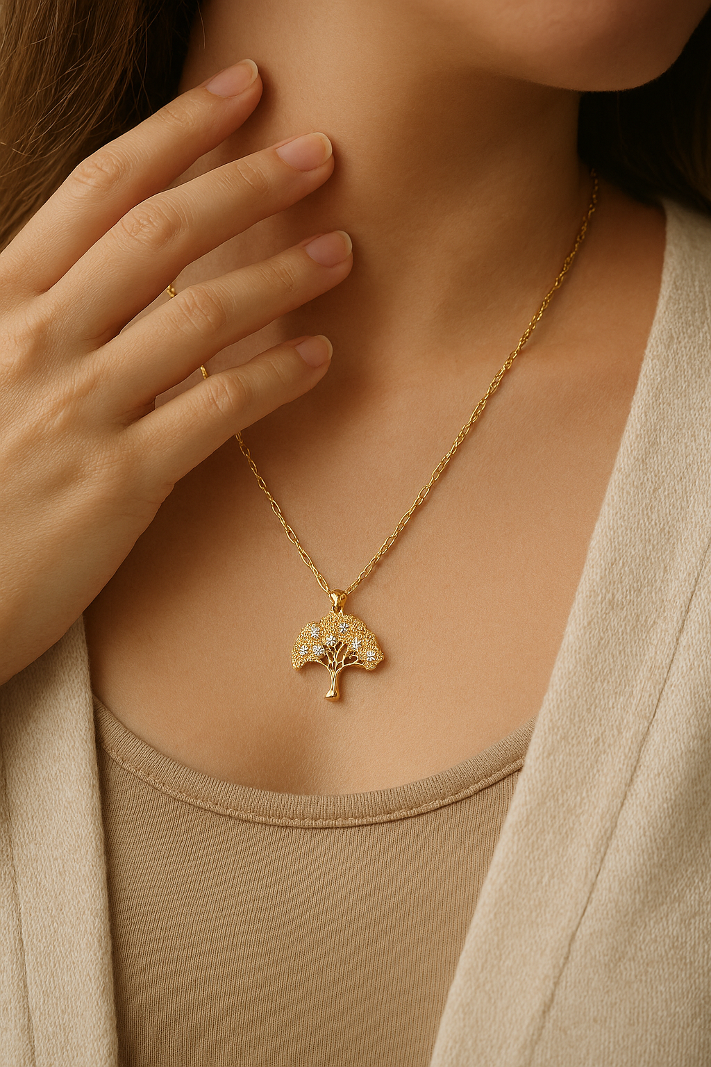 Lady Tree Shape Titanium Steel Plating Inlay Zircon Gold Plated Pendant Necklace