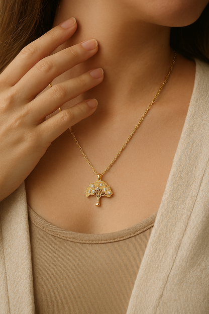 Lady Tree Shape Titanium Steel Plating Inlay Zircon Gold Plated Pendant Necklace