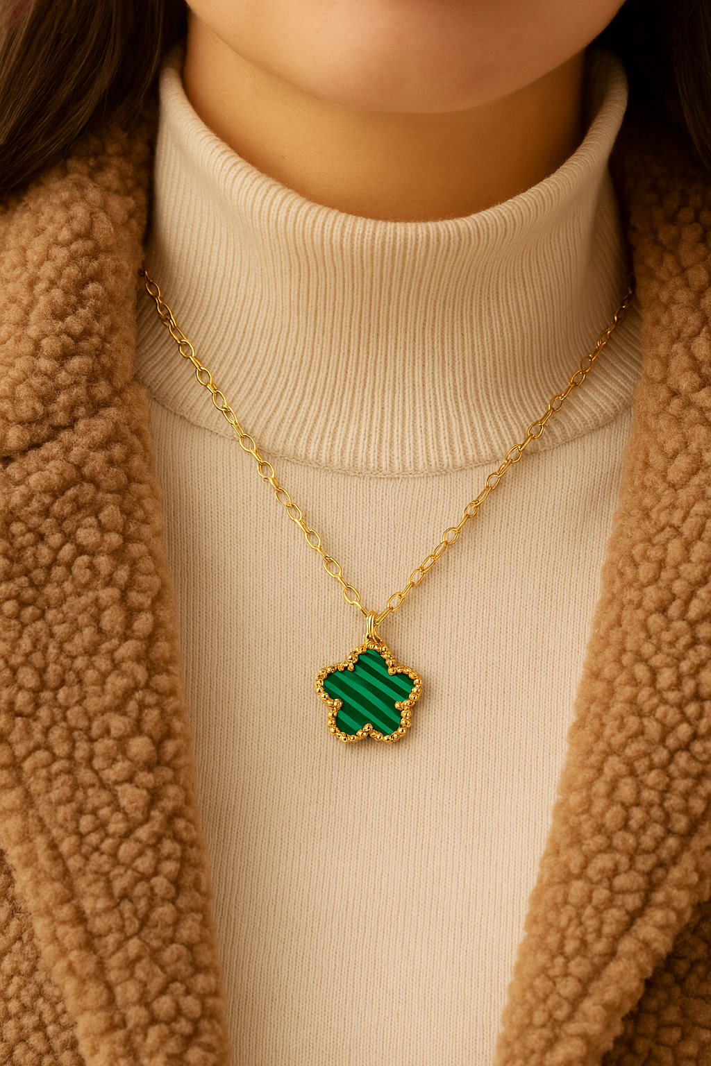 Green "Flowers" Necklace – 18K Gold-Plated Stainless Steel, Hypoallergenic, Waterproof, Tarnish-Free, 41+5 cm Adjustable, Lobster Claw Closure