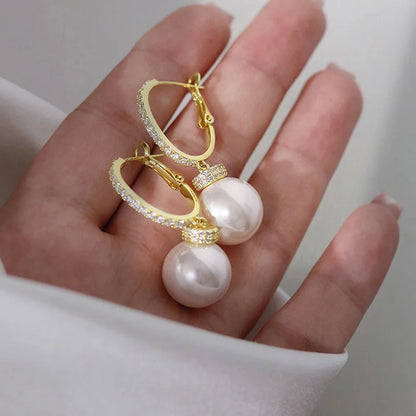 Elegant European Style Imitation Pearl Stud Earrings With Precious Zirconia Stones Fashionable Trendy Geometric Design For Women
