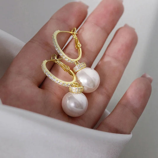 Elegant European Style Imitation Pearl Stud Earrings With Precious Zirconia Stones Fashionable Trendy Geometric Design For Women