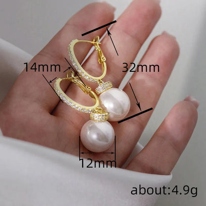 Elegant European Style Imitation Pearl Stud Earrings With Precious Zirconia Stones Fashionable Trendy Geometric Design For Women