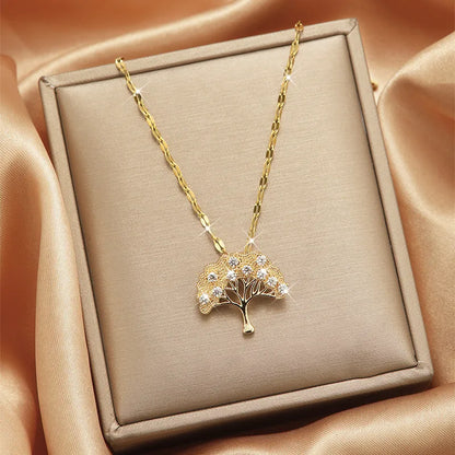 Lady Tree Shape Titanium Steel Plating Inlay Zircon Gold Plated Pendant Necklace