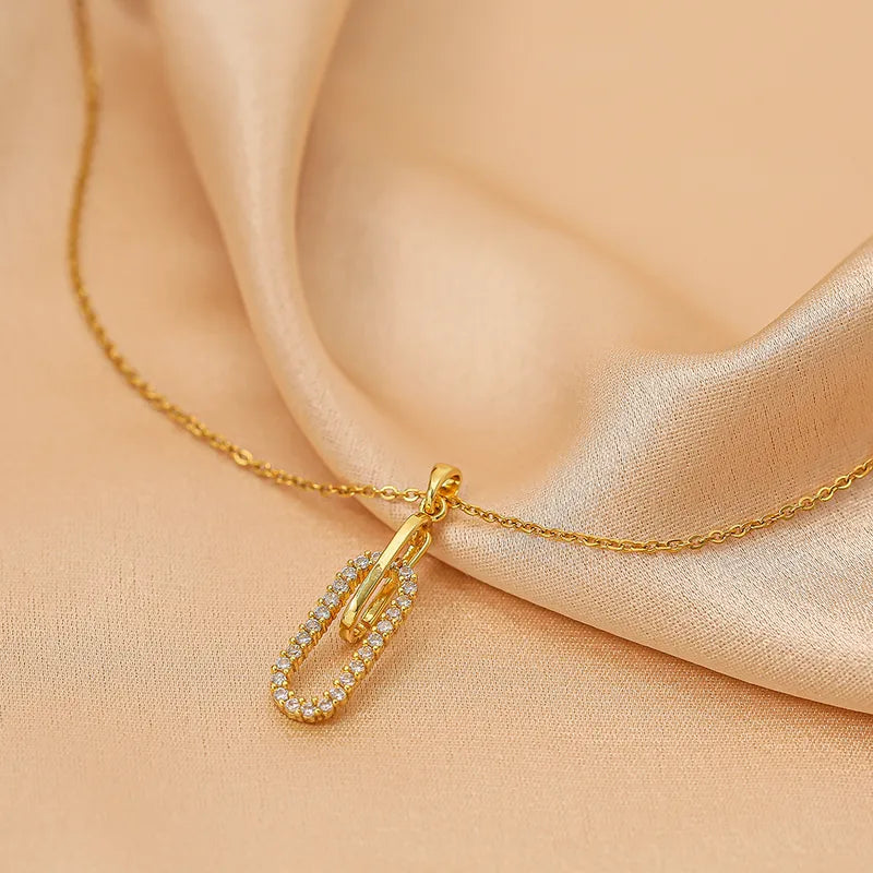 Titanium Steel 18K Gold Plated IG Style Elegant Simple Style Inlay Paper Clip Oval Zircon Pendant Necklace
