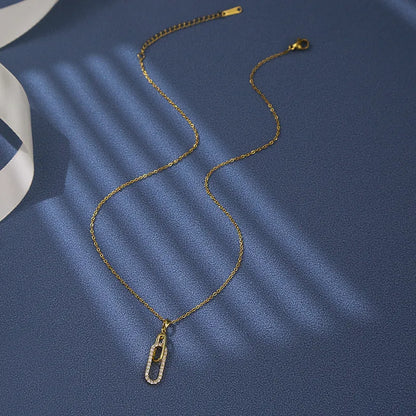 Titanium Steel 18K Gold Plated IG Style Elegant Simple Style Inlay Paper Clip Oval Zircon Pendant Necklace