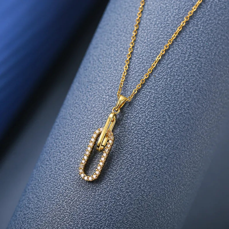 Titanium Steel 18K Gold Plated IG Style Elegant Simple Style Inlay Paper Clip Oval Zircon Pendant Necklace